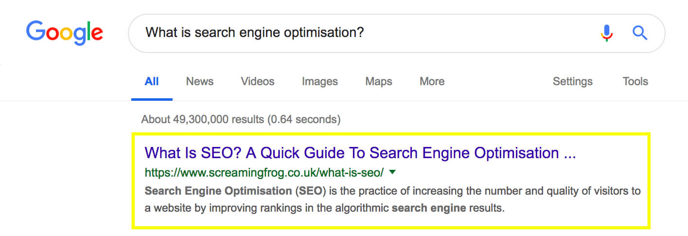 Google search of 'what is seo?'